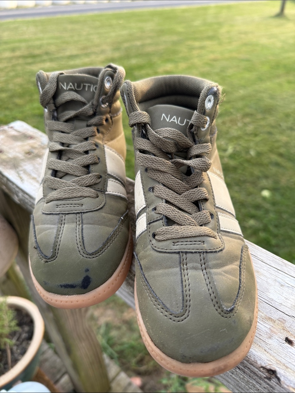 Nautica Kids Olive Green High-Top Sneakers with White Stripe with 1 deflow